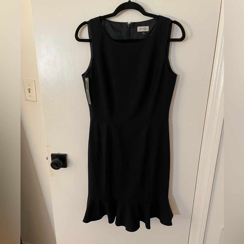 Tahari ASL Navy Sleeveless Flounce Dress